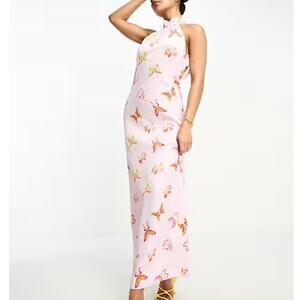 Something New Halter Neck Open Back Satin Maxi Dress Pink Butterfly Womens Sml